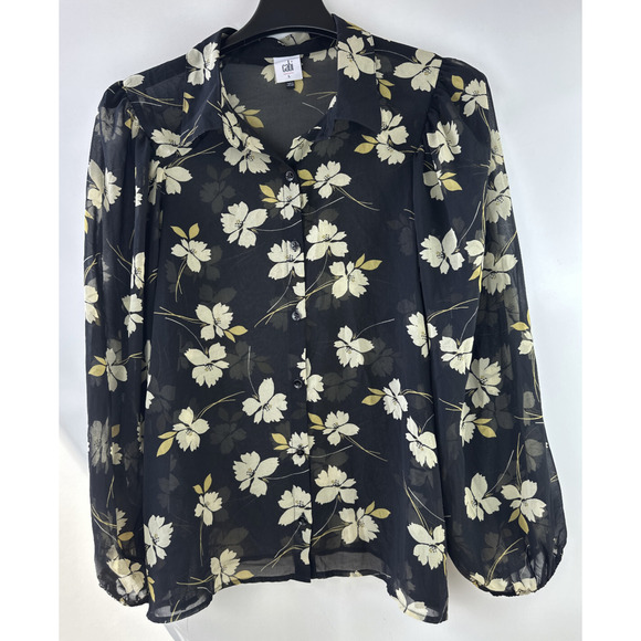 CAbi Cosmo Blouse Black Floral Chiffon Sheer Button Front Top 4159 Size Large - Picture 2 of 13